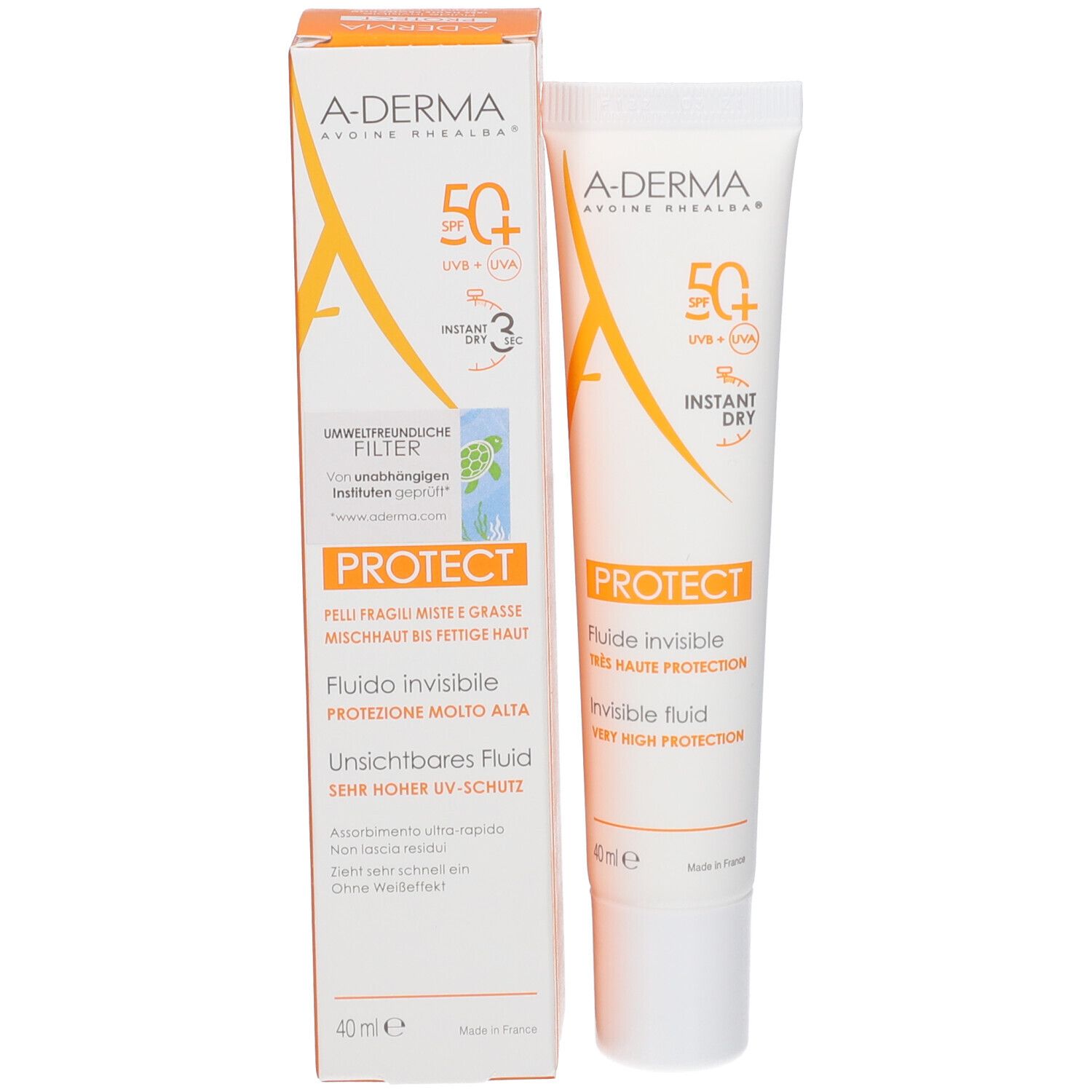Tube et boîte A-Derma PROTECT Fluide Invisible SPF 50+, tous deux avec SPF 50+.
