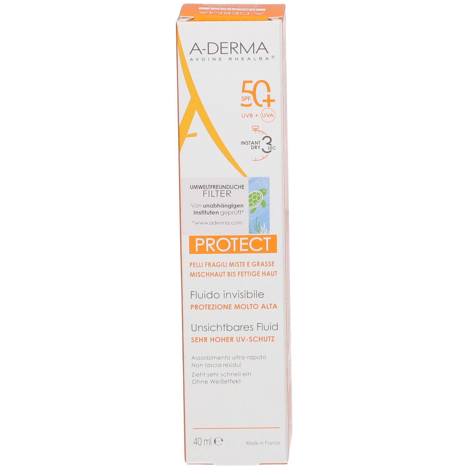 Face avant de la boîte A-Derma PROTECT Fluide Invisible SPF 50+ avec informations produit.