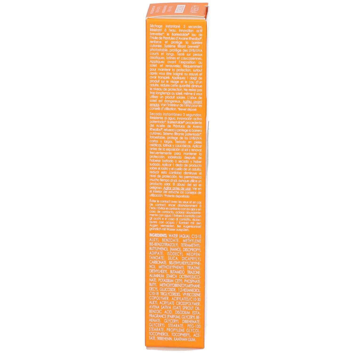 Vue latérale de la boîte A-Derma PROTECT Fluide Invisible SPF 50+ avec liste des ingrédients.