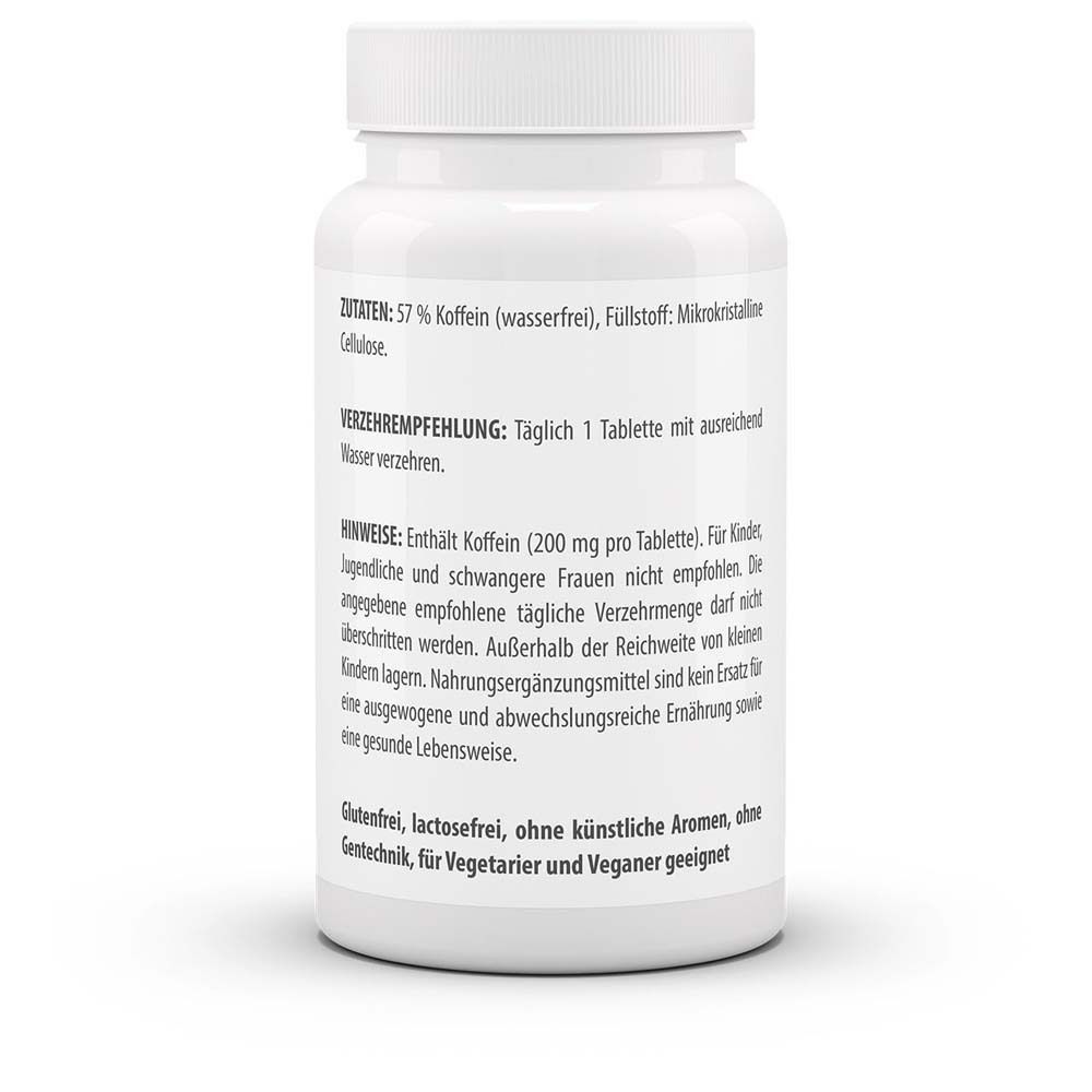 Rückseite der weißen Flasche. Zutaten: 57 % Koffein, Füllstoff. Verzehrempfehlung: 1 Tablette. Hinweis: Enthält Koffein.