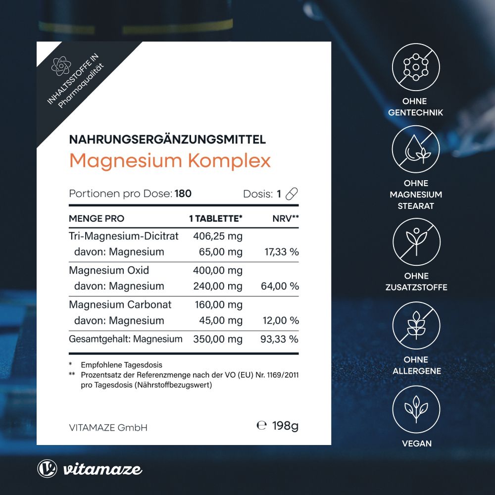 Vitamaze MAGNESIUM 350 mg Complexe citrate/oxyde/carbone végétalien