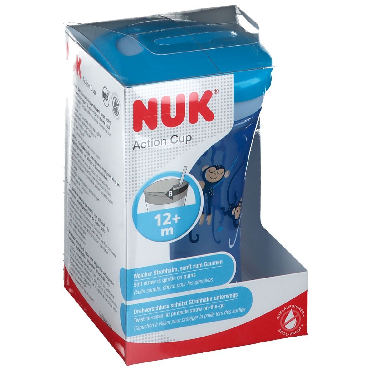 NUK Action Cup, blau, in Verpackung. Ansicht schräg von oben. Aufdruck: Affen. Altersempfehlung: 12+ m.