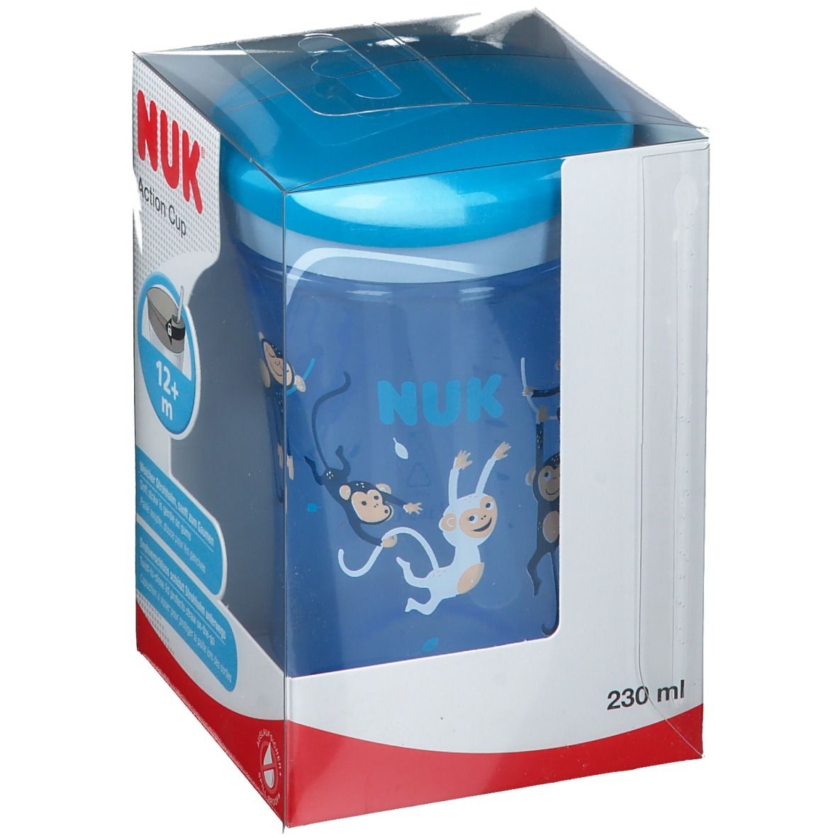 NUK Action Cup, blau, in Verpackung. Ansicht schräg von vorne. Aufdruck: Affen. Altersempfehlung: 12+ m.