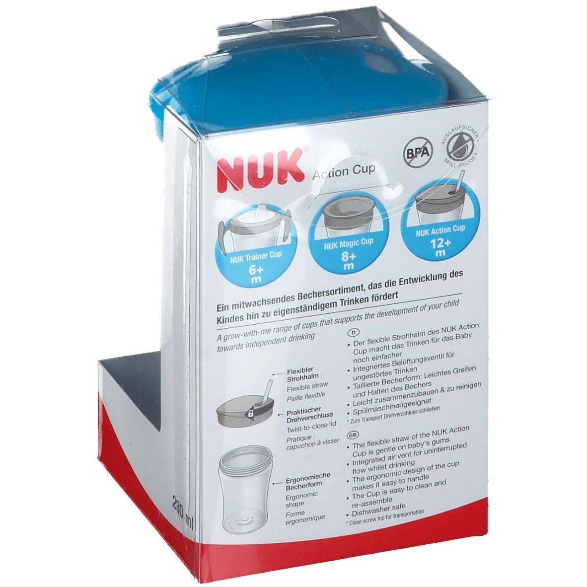 Rückseite der Verpackung. Text in Deutsch, Englisch, Französisch, Italienisch, Niederländisch. Produktabbildungen.