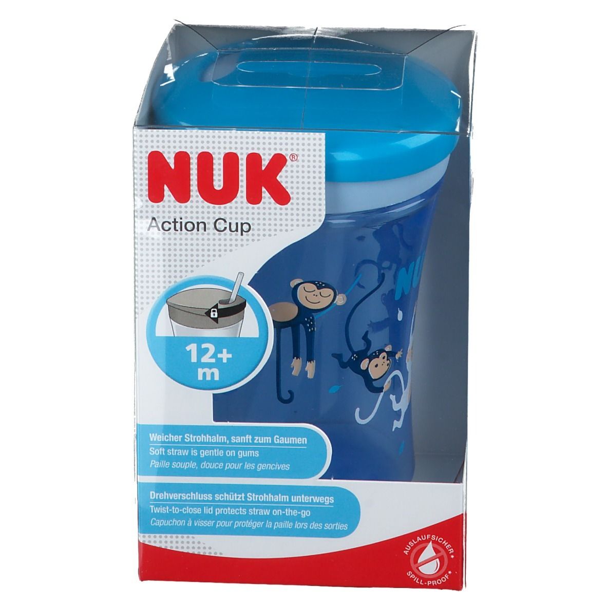 NUK Action Cup, blau, in Verpackung. Ansicht schräg von vorne. Aufdruck: Affen. Altersempfehlung: 12+ m.
