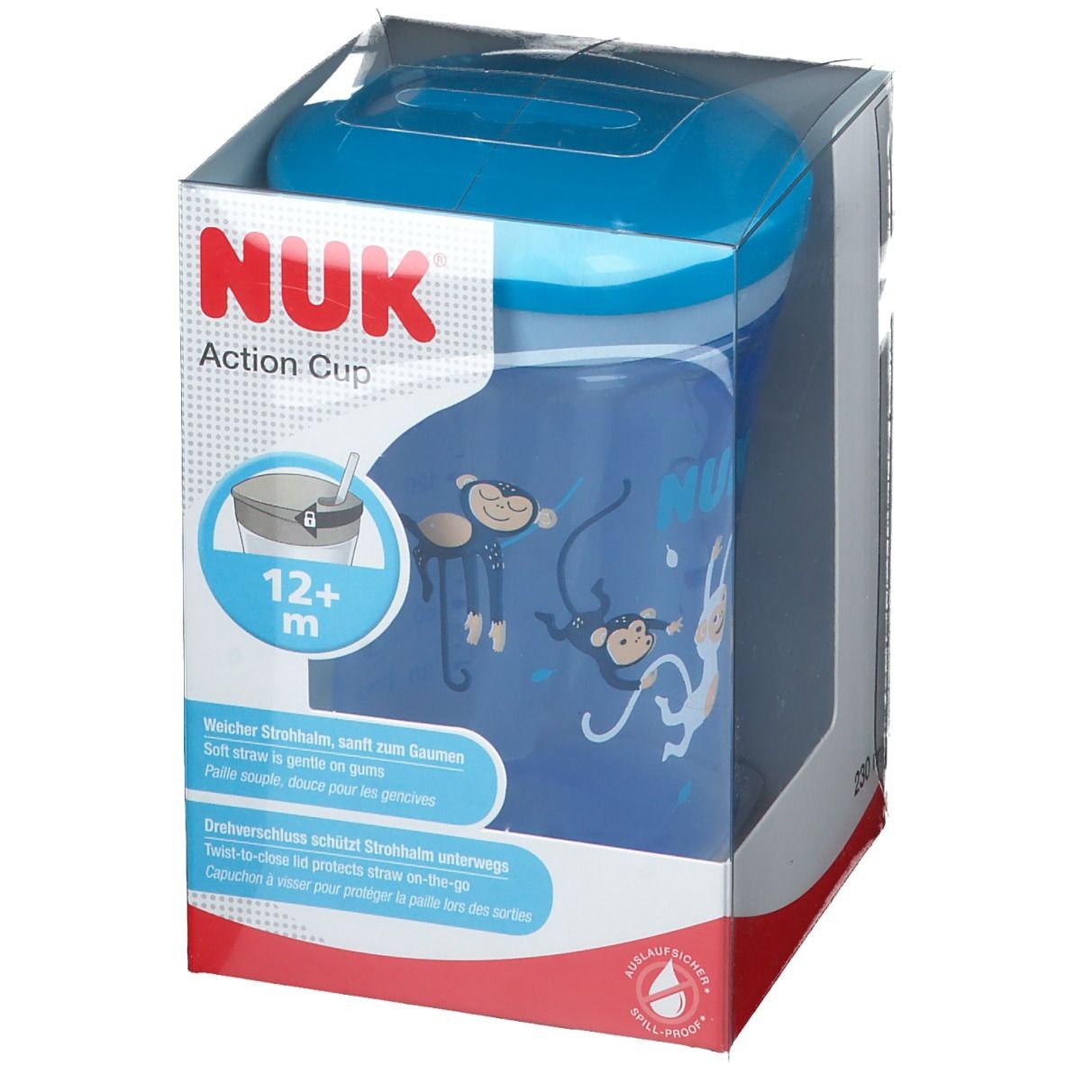 NUK Action Cup, blau, in Verpackung. Ansicht schräg von vorne. Aufdruck: Affen. Altersempfehlung: 12+ m.
