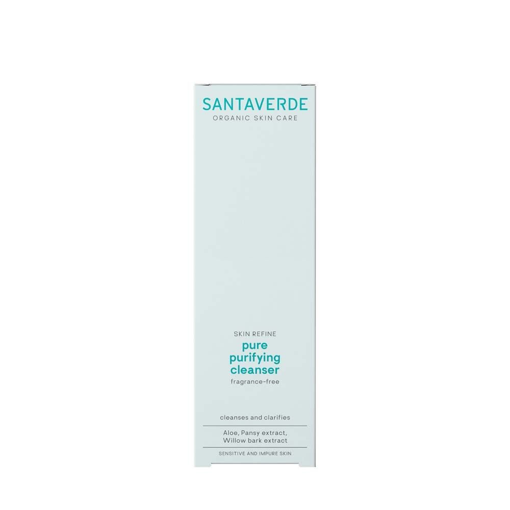 Boîte bleu clair avec logo SANTAVERDE et nom du produit. Texte : pure purifying cleanser sans parfum.