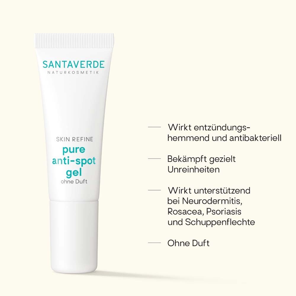 Weiße Tube SANTAVERDE pure anti-spot gel. Text: Wirkt entzündungshemmend und antibakteriell. Ohne Duft.