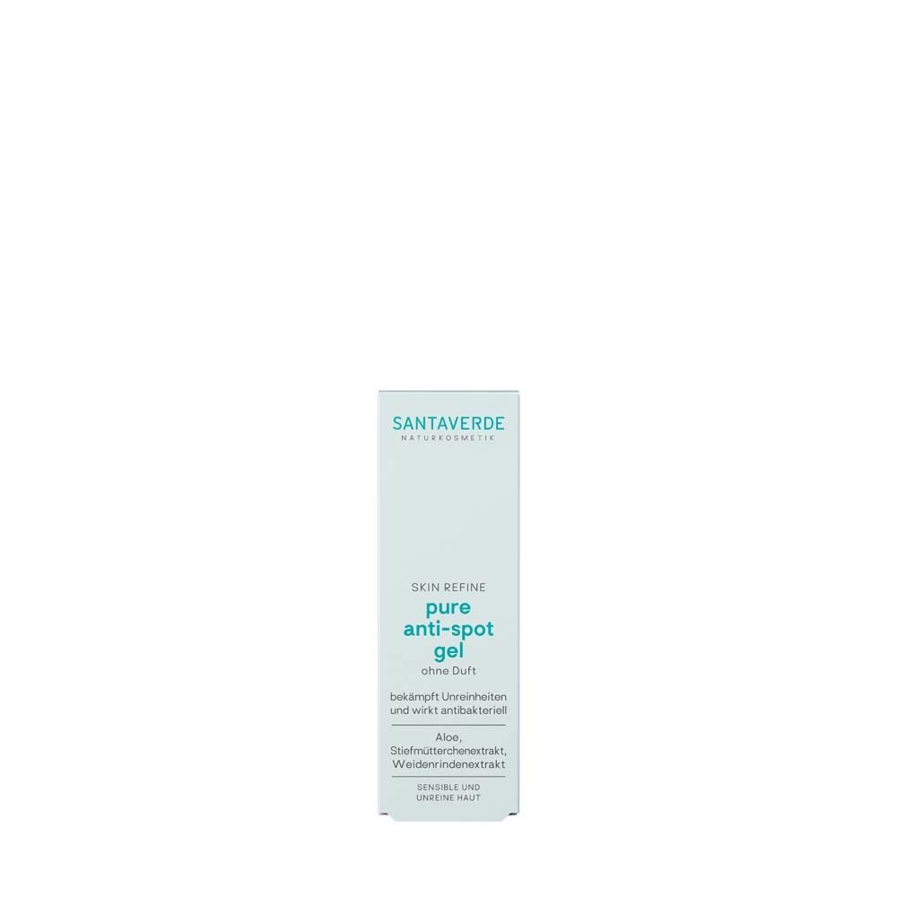 Karton SANTAVERDE pure anti-spot gel. Text: pure anti-spot gel, ohne Duft.