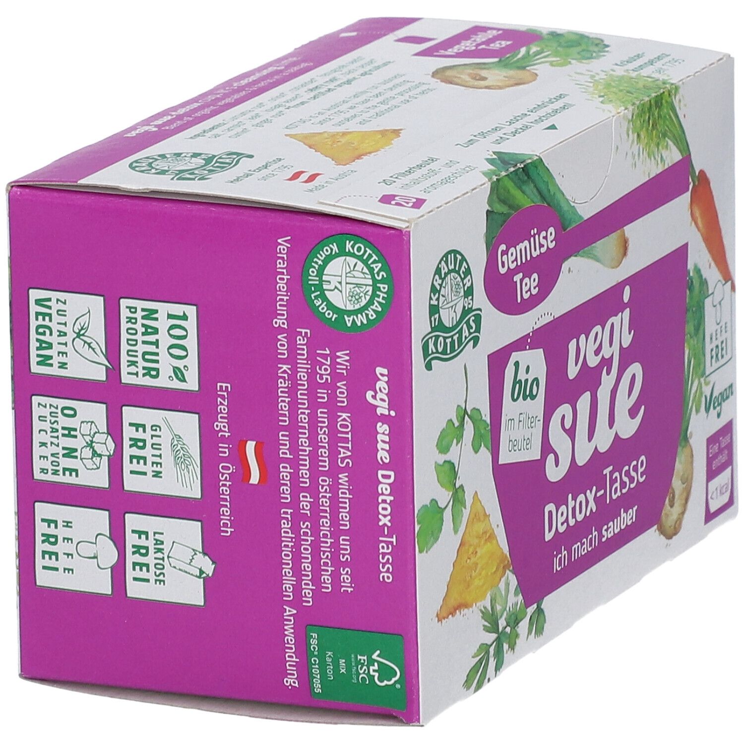 Boîte de Dr. Kottas vegi sue Detox-Tasse. Inscriptions : vegan, sans gluten, sans lactose, sans sucre. Texte : produit naturel.
