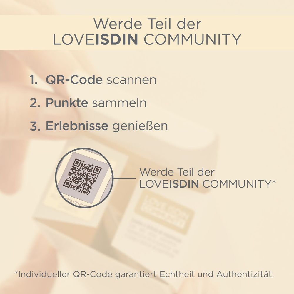 QR-Code auf Verpackung. Text: Werde Teil der LOVEISDIN COMMUNITY. 1. QR-Code scannen. 2. Punkte sammeln. 3. Erlebnisse genießen.