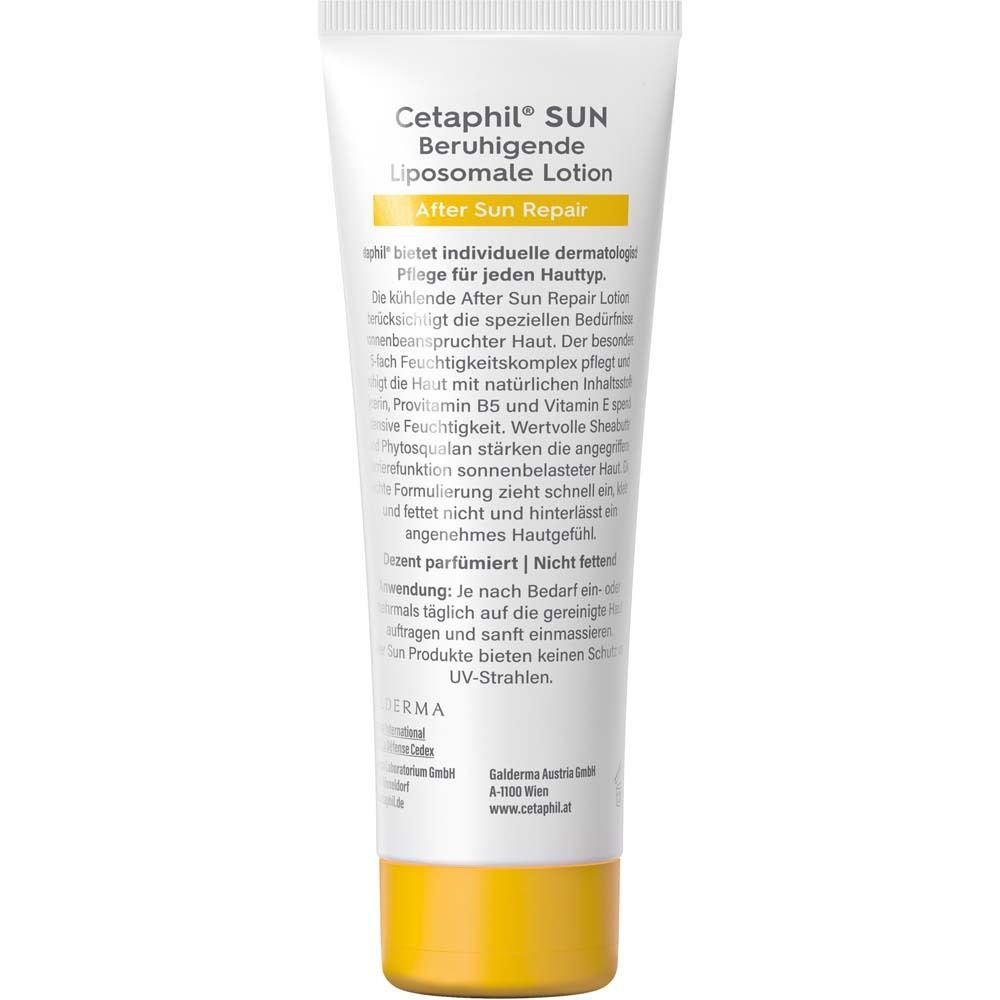 Rückseite der Tube. Text: Cetaphil SUN Beruhigende Liposomale Lotion After Sun Repair.