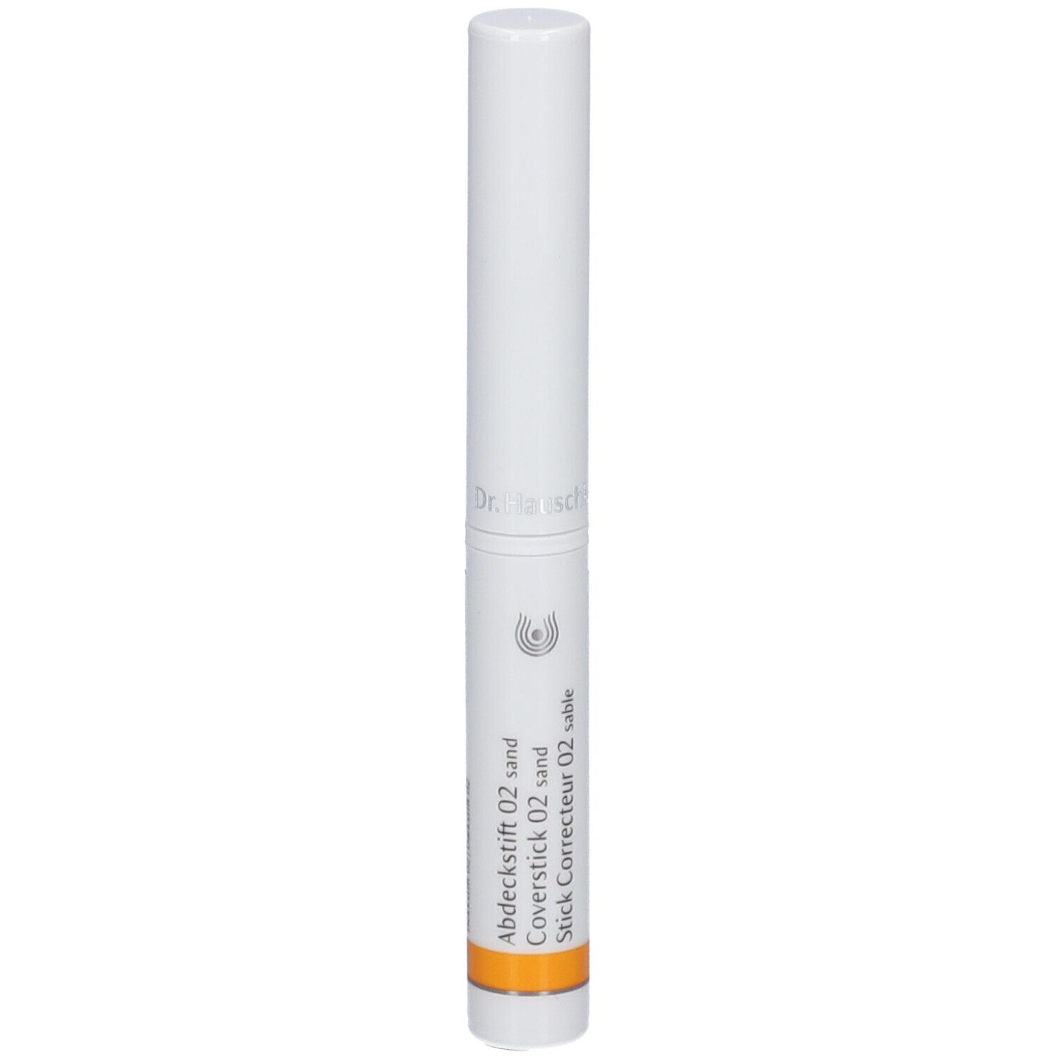 Bâton blanc avec bande orange. Inscription : Abdeckstift 02 sand, Coverstick 02 sand, Stick Correcteur 02 sable.