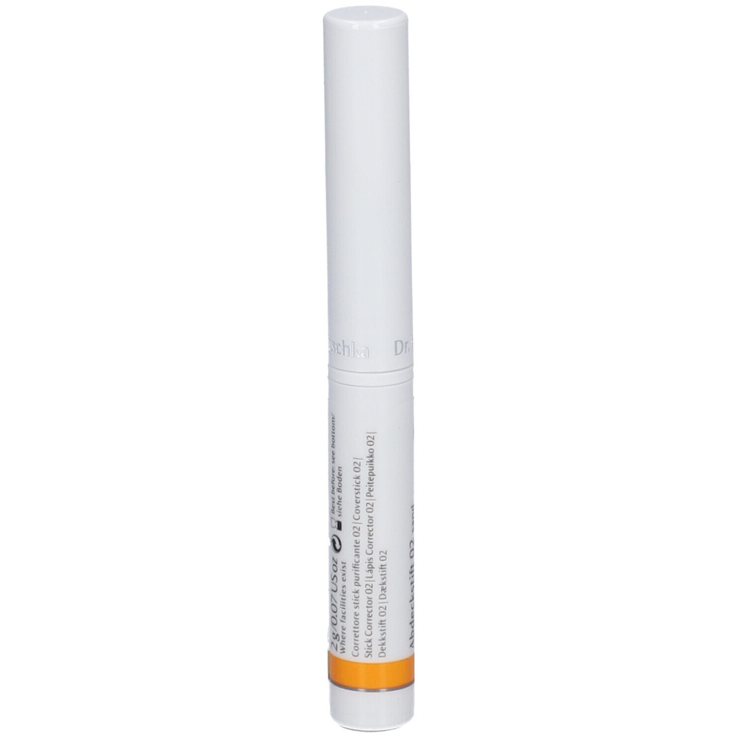 Bâton blanc avec bande orange. Inscription : Abdeckstift 02 sand, Coverstick 02 sand, Stick Correcteur 02 sable.