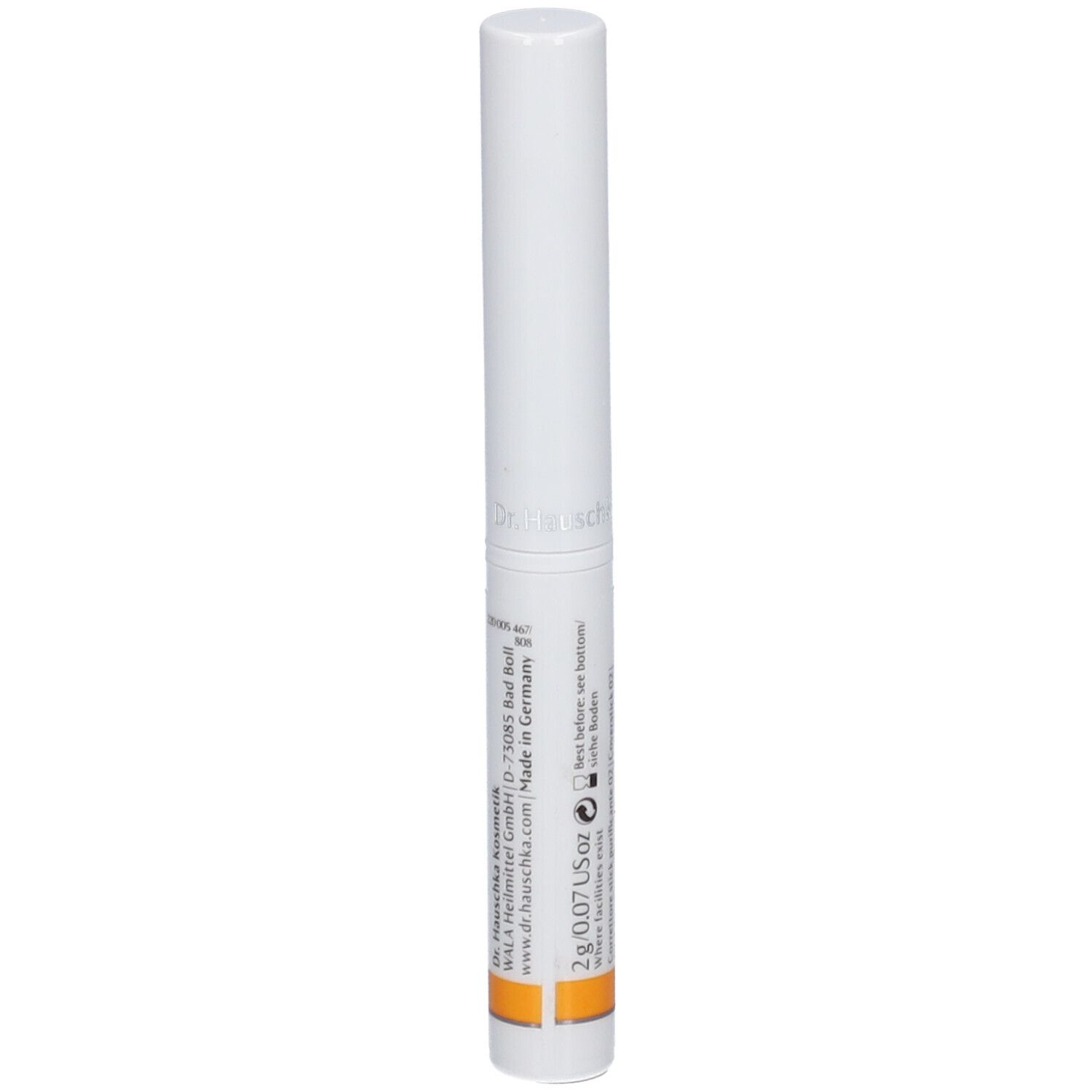 Bâton blanc avec bande orange. Inscription : Abdeckstift 02 sand, Coverstick 02 sand, Stick Correcteur 02 sable.