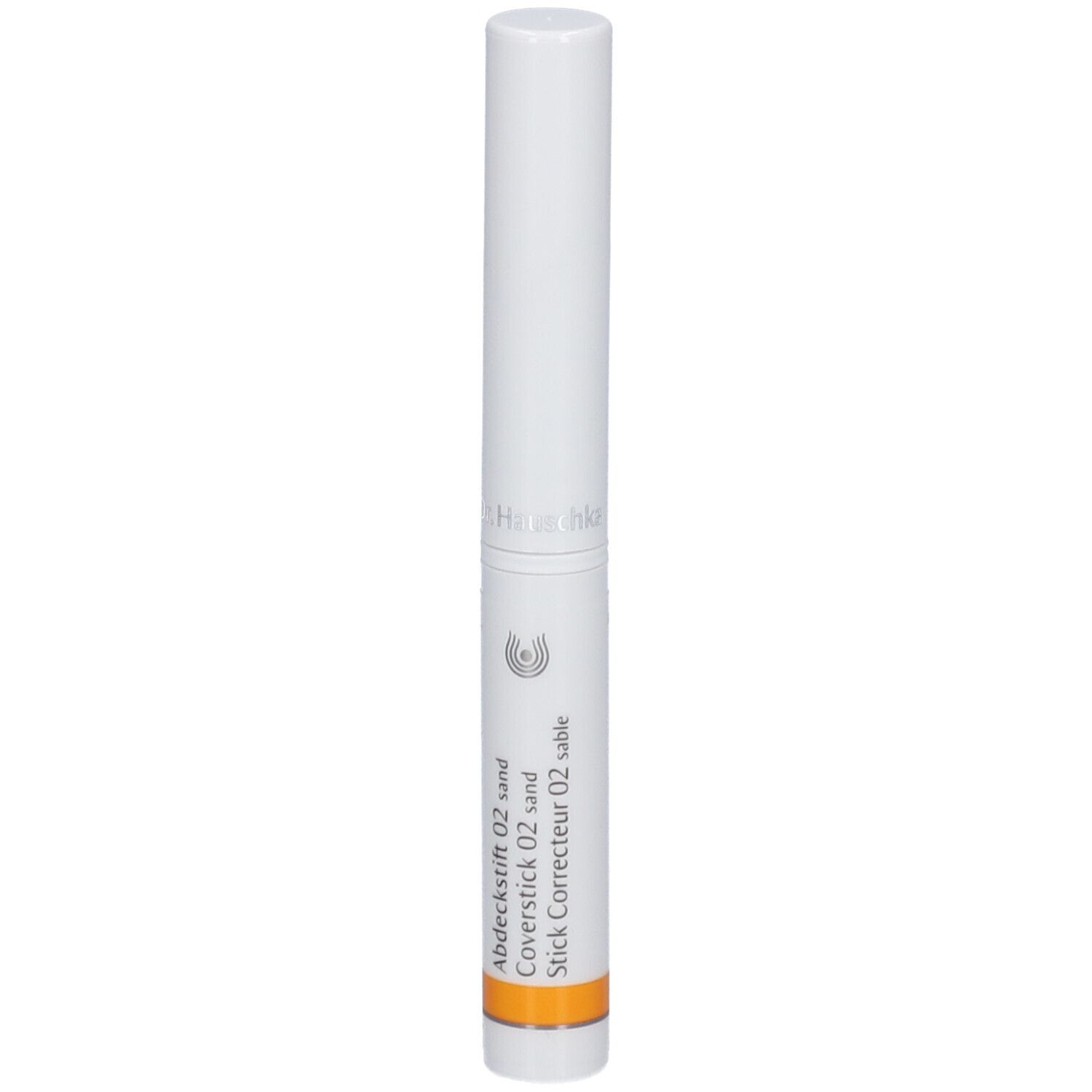 Bâton blanc avec bande orange. Inscription : Abdeckstift 02 sand, Coverstick 02 sand, Stick Correcteur 02 sable.