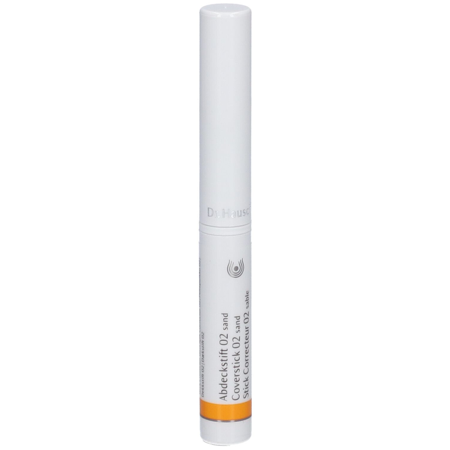 Bâton blanc avec bande orange. Inscription : Abdeckstift 02 sand, Coverstick 02 sand, Stick Correcteur 02 sable.