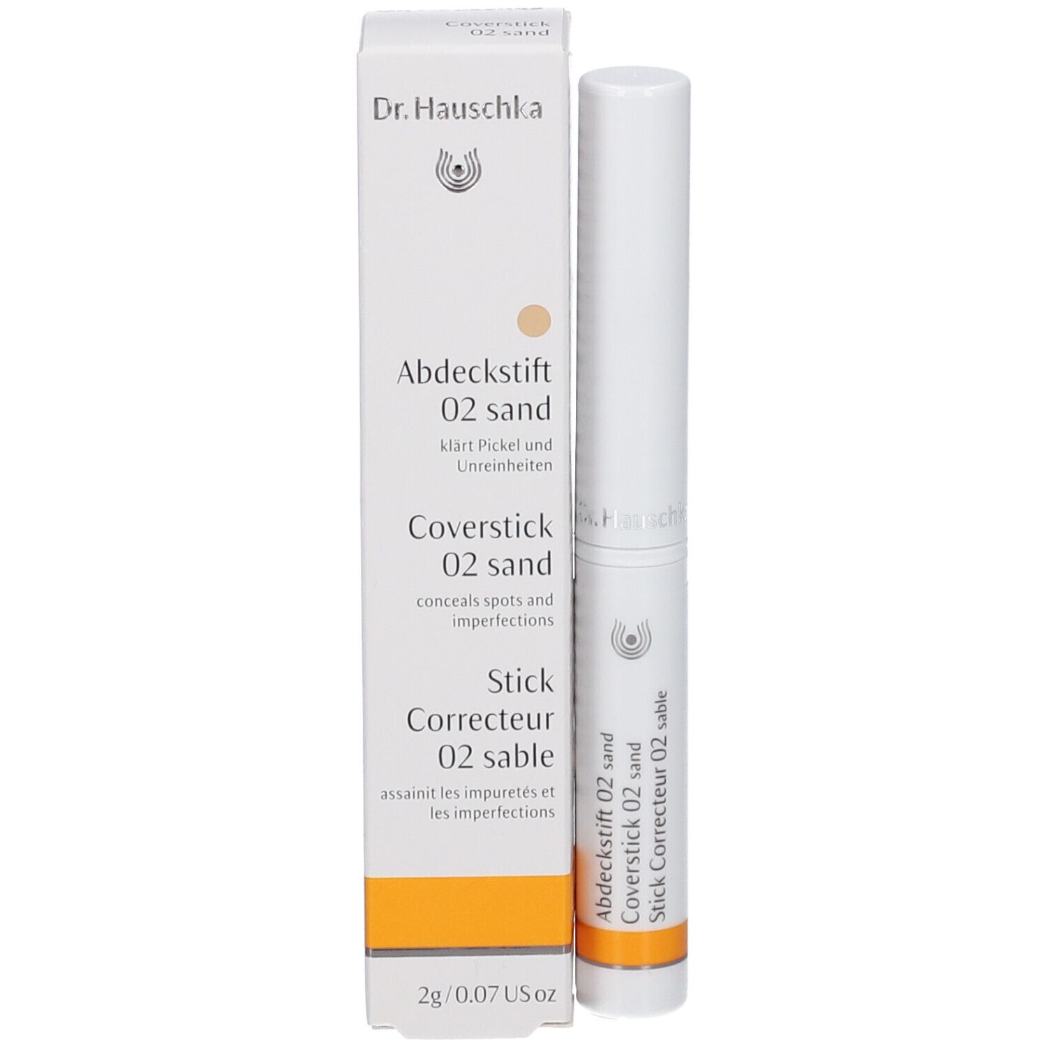 Emballage et bâton. Emballage : blanc, Inscription : Dr. Hauschka, Abdeckstift 02 sand, Coverstick 02 sand, Stick Correcteur 02 sable.