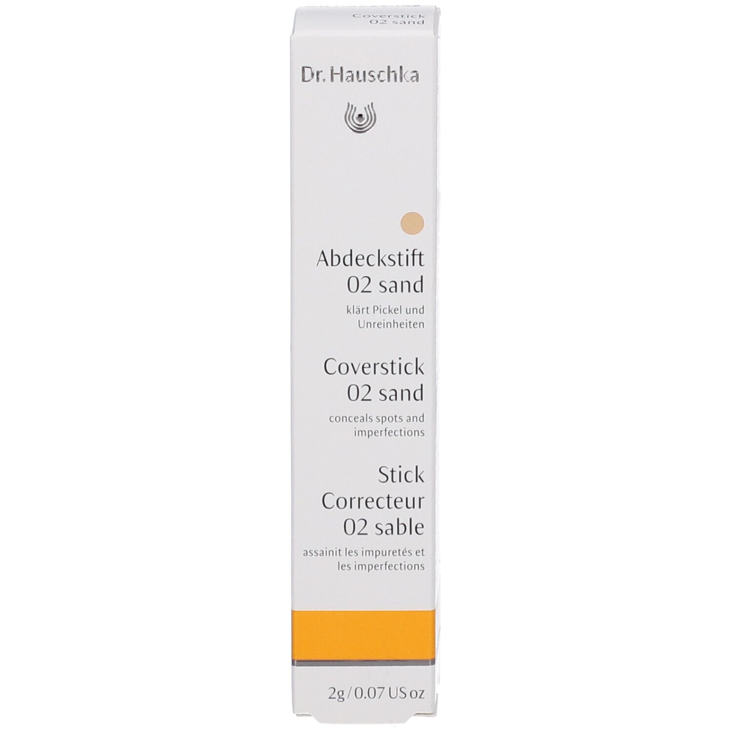 Emballage du produit. Blanc, Inscription : Dr. Hauschka, Abdeckstift 02 sand, Coverstick 02 sand, Stick Correcteur 02 sable.