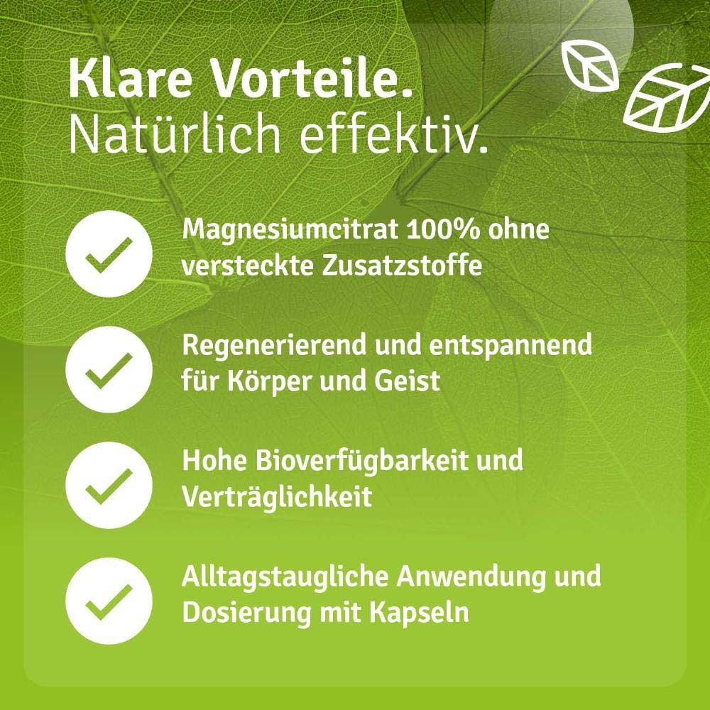 Grüne Grafik mit Text: Klare Vorteile. Magnesiumcitrat ohne Zusatzstoffe. Regenerierend, hohe Bioverfügbarkeit.