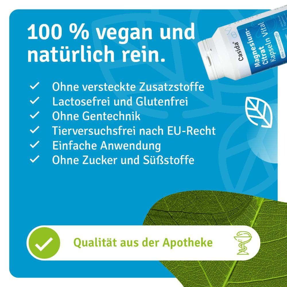 Blaue Grafik. Text: 100% vegan und natürlich rein. Ohne Zusatzstoffe, laktosefrei, ohne Gentechnik. Apothekenqualität.