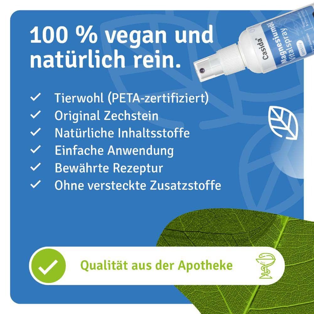 Fond bleu avec produit et texte. Texte : 100% végétalien et naturellement pur. Certifié PETA, Zechstein original.