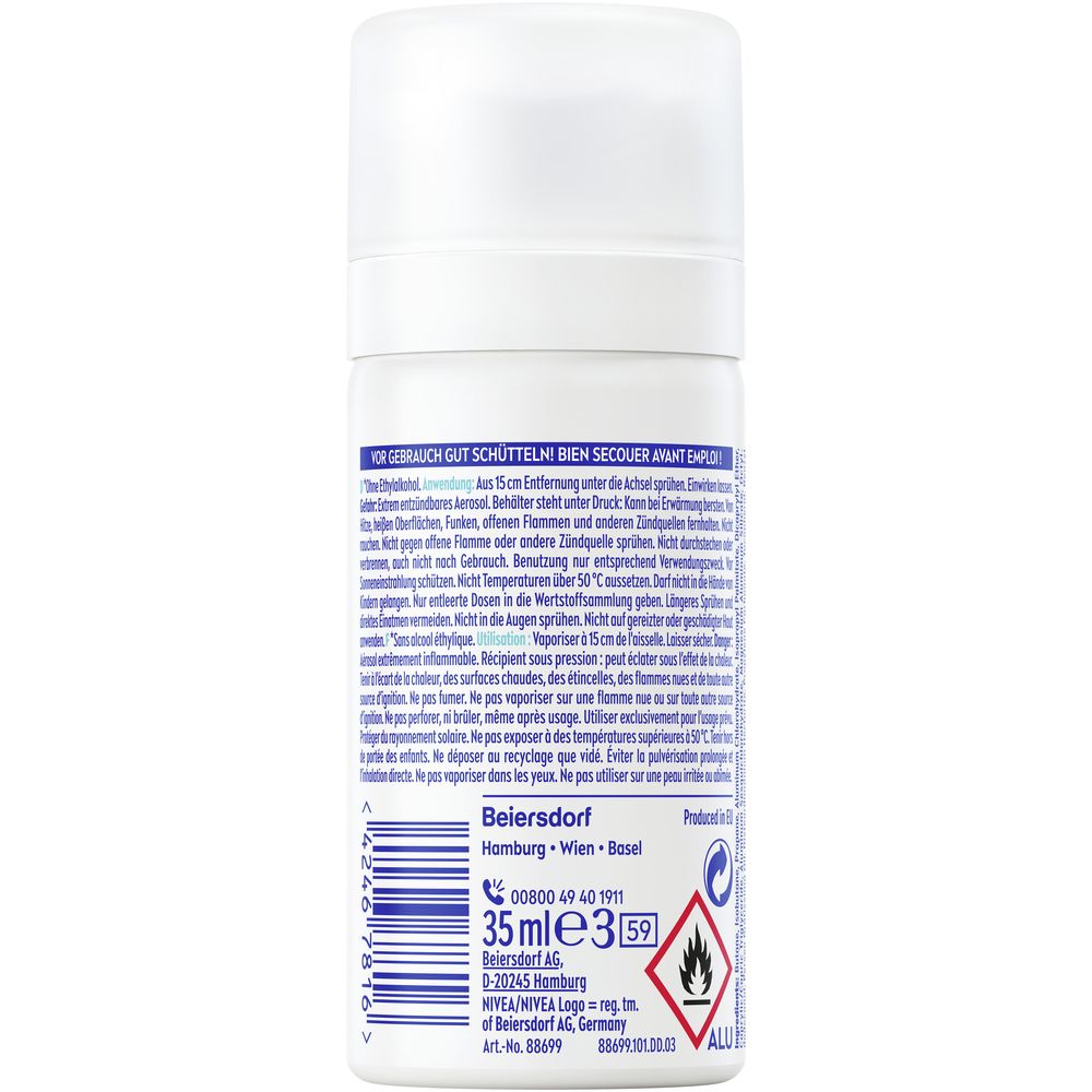 Rückseite NIVEA Dry Active Deo Spray, 35ml, mit Anwendungshinweisen und Inhaltsstoffen.