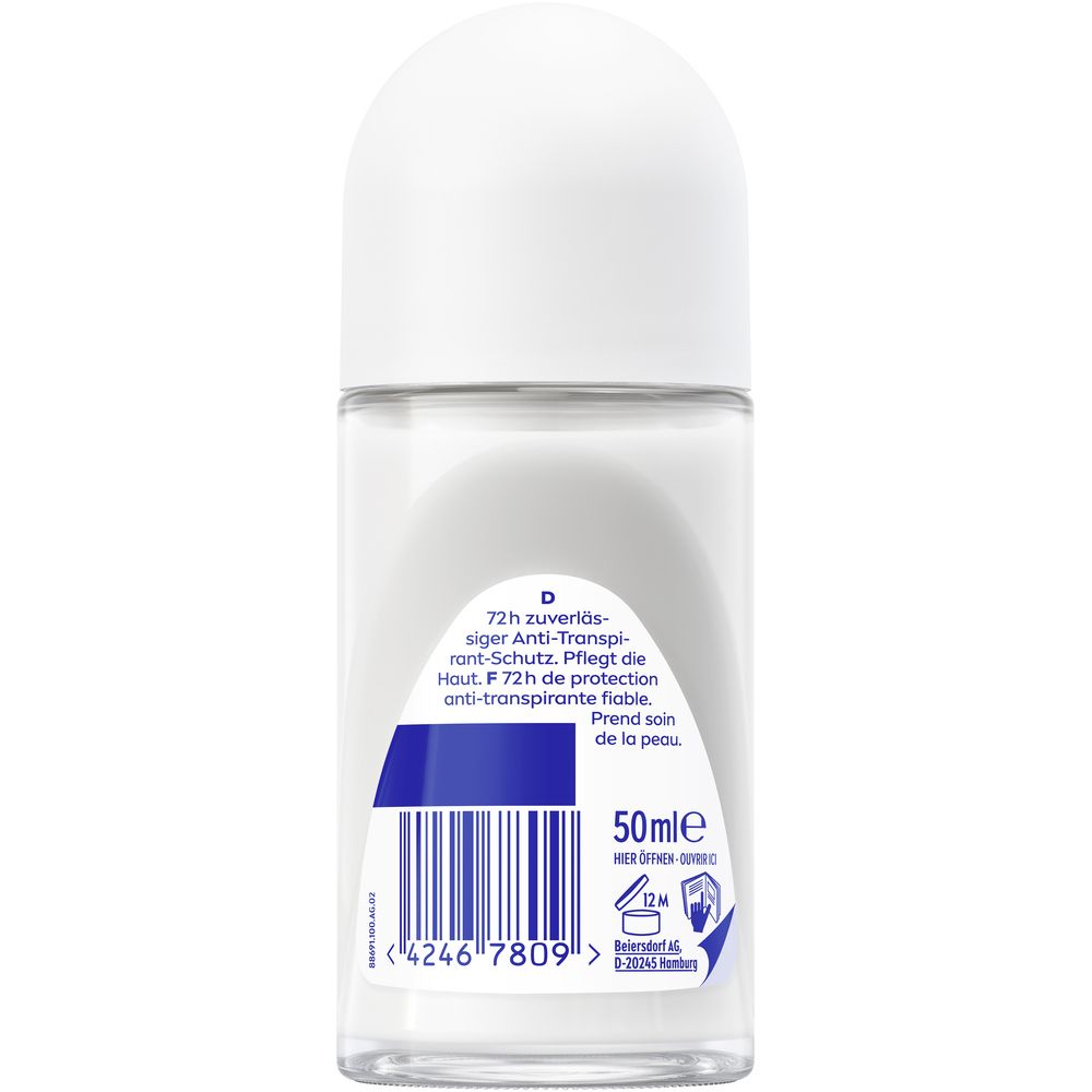 Arrière du NIVEA Dry Active Roll-on 50ml. Protection 72h. Antibactérien. Code-barres et informations produit.