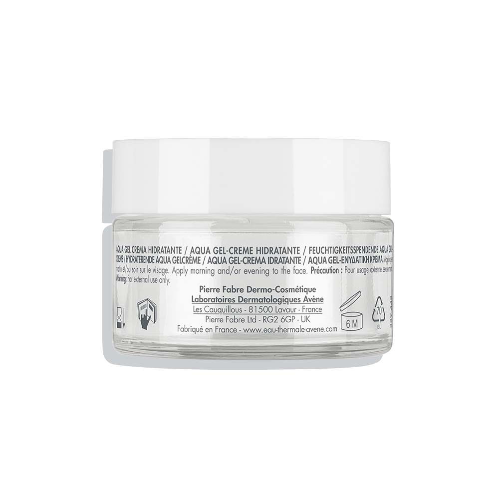 Rückseite des Avène Hydrance Aqua-Gel Creme Tiegels. Text.