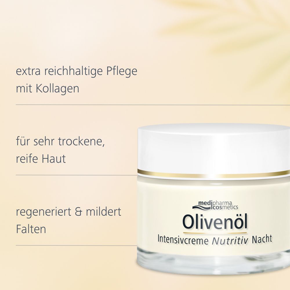Pot de crème. Inscription : Olivenöl Intensivcreme Nutritiv Nacht. Texte : soin extra riche.