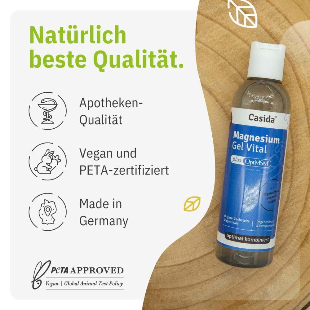 Produktflasche auf Holz. Text: Apotheken-Qualität, Vegan und PETA-zertifiziert, Made in Germany. PETA-Logo.