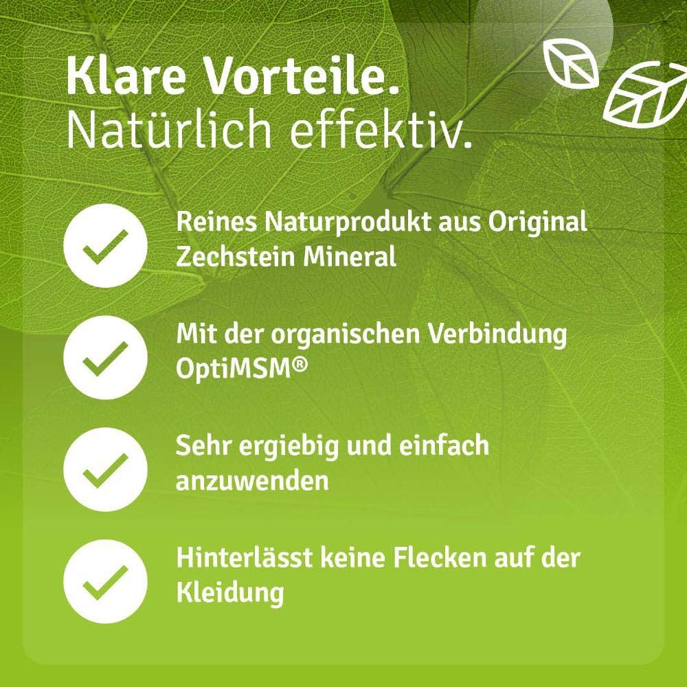 Produktflasche auf grünem Hintergrund. Text: Reines Naturprodukt, OptiMSM, einfach anzuwenden. Keine Flecken auf Kleidung.