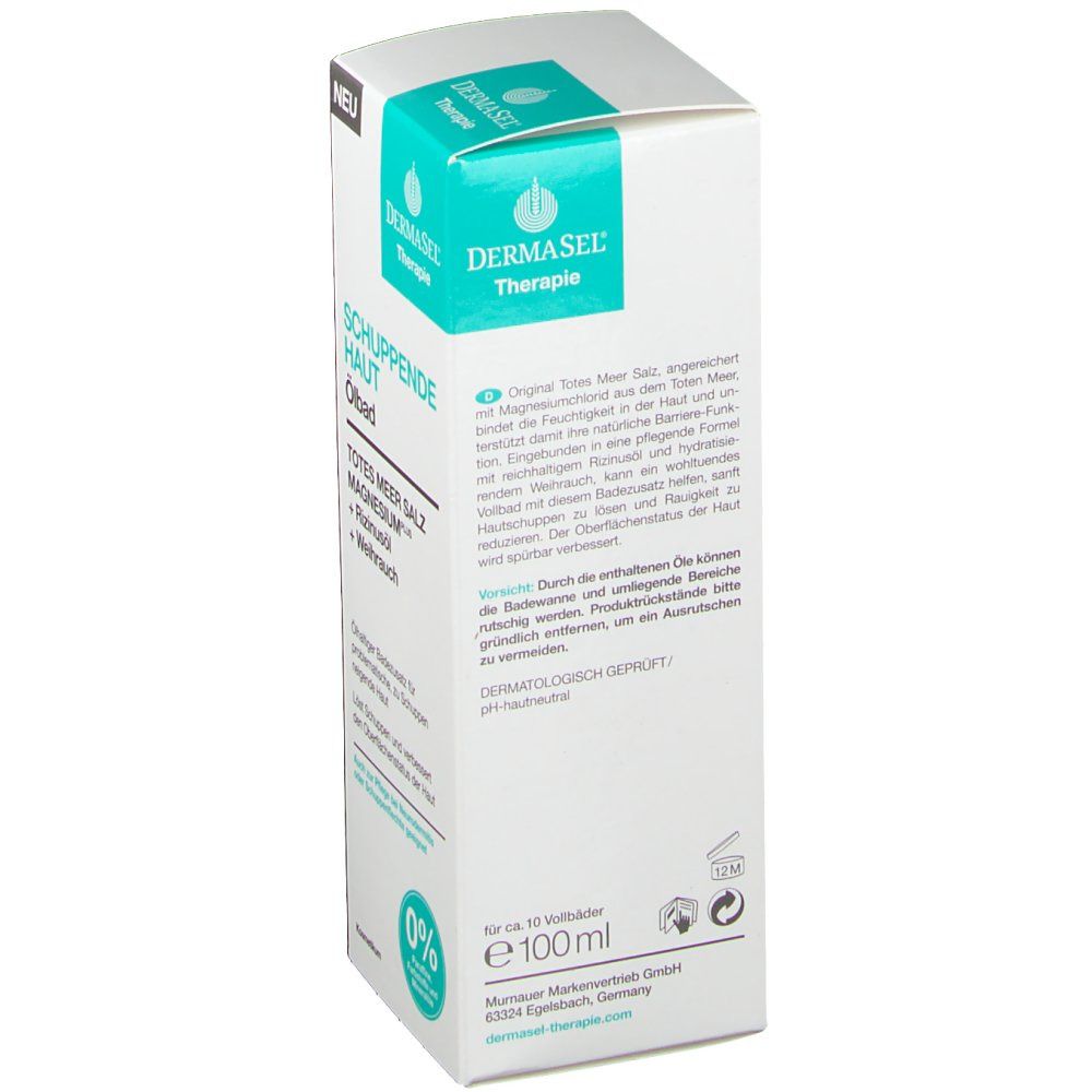 Emballage blanc avec accents bleu-vert. Inscription: DERMASEL Therapie Schuppende Haut Ölbad. Contient sel de la mer Morte, magnésium, huile de ricin, encens.