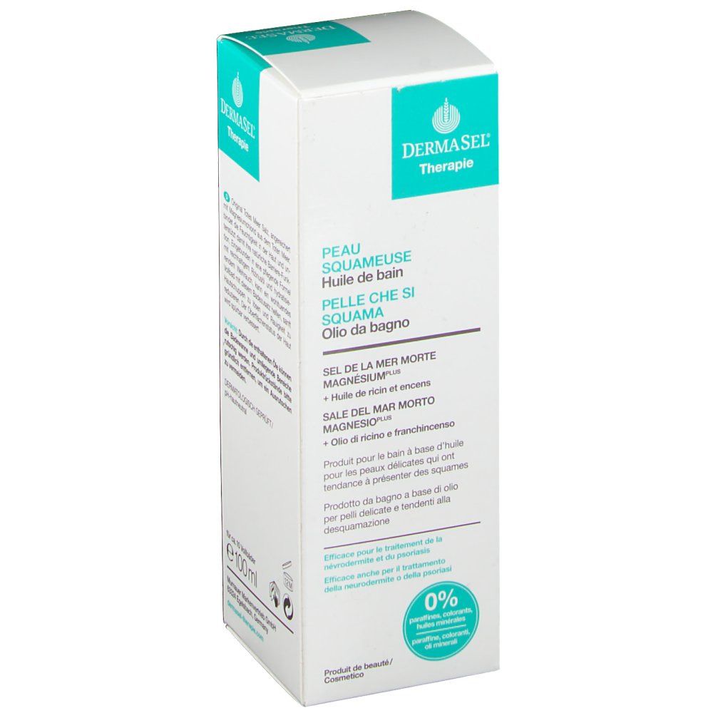 Emballage produit blanc avec accents bleu-vert. Inscription: DERMASEL Therapie. Texte en français et italien. Contient ingrédients et indication 0%.