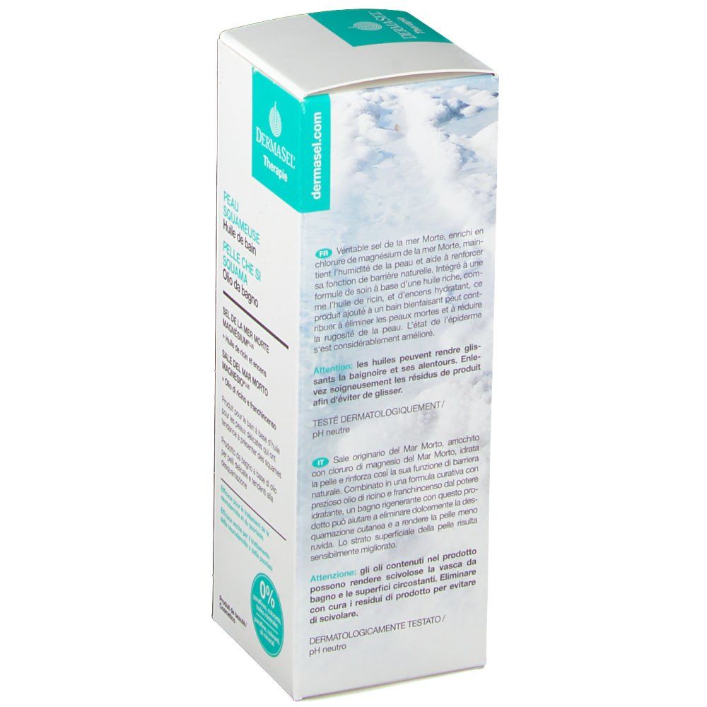 Emballage produit blanc avec accents bleu-vert. Inscription: DERMASEL Therapie. Texte en français et italien. Testé dermatologiquement.