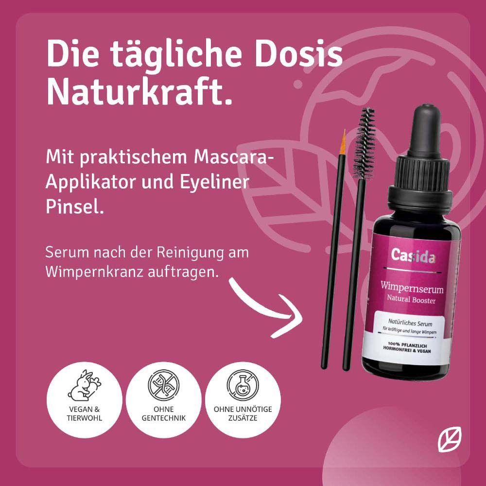 Serumflasche, Applikatoren und Text. Vegan, ohne Gentechnik, ohne Zusätze. Anwendungshinweis.