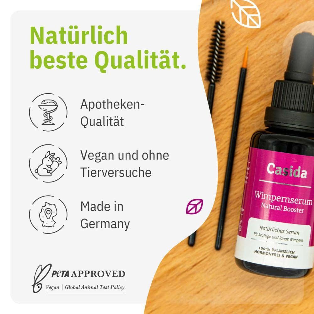 Text auf pinkem Hintergrund. Apothekenqualität, vegan, ohne Tierversuche, Made in Germany, PETA-Zertifizierung.