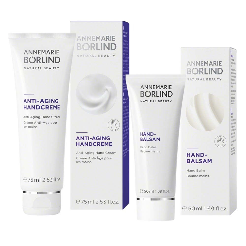 Deux tubes et deux boîtes. Nom du produit: HAND-BALSAM et ANTI-AGING HANDCREME. Marque: ANNEMARIE BÖRLIND. Volumes: 50ml et 75ml.