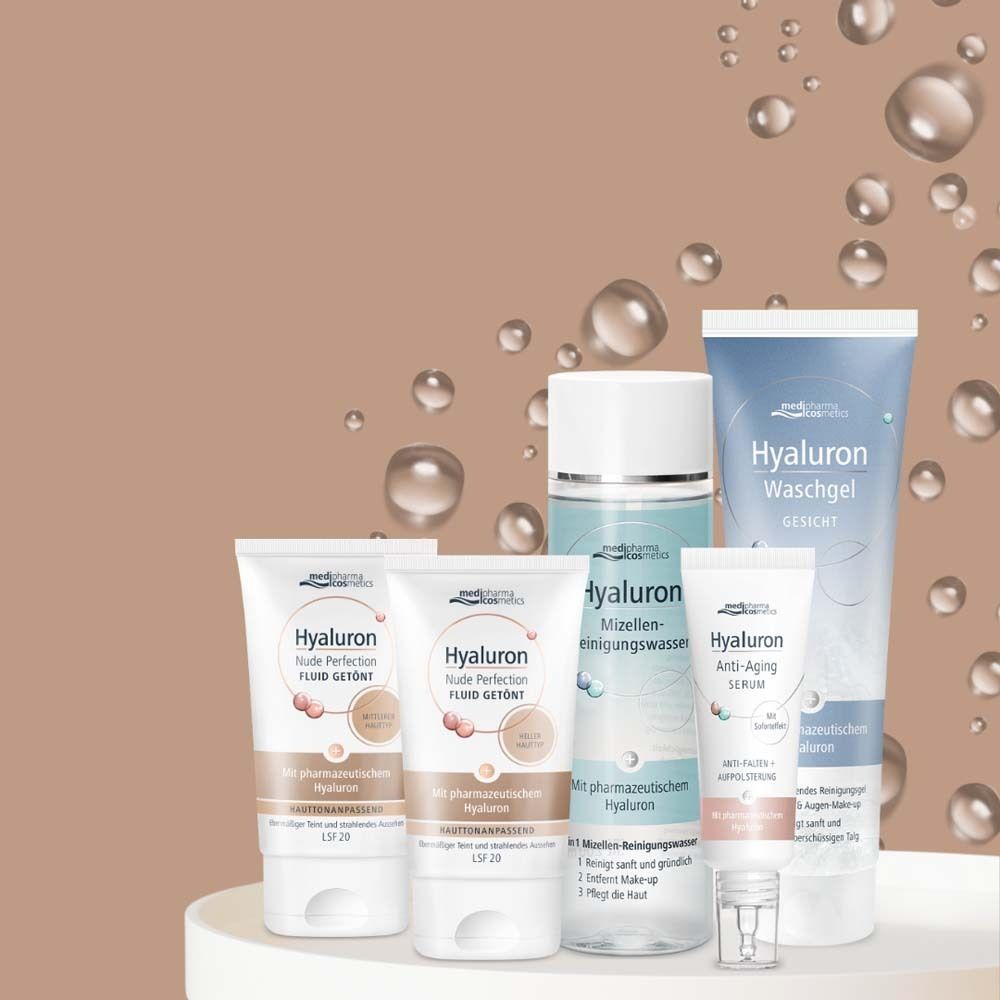 Verschiedene Produkte der Marke medi-pharma cosmetics. Hyaluron Nude Perfection Fluid Getönt, Waschgel, Serum.