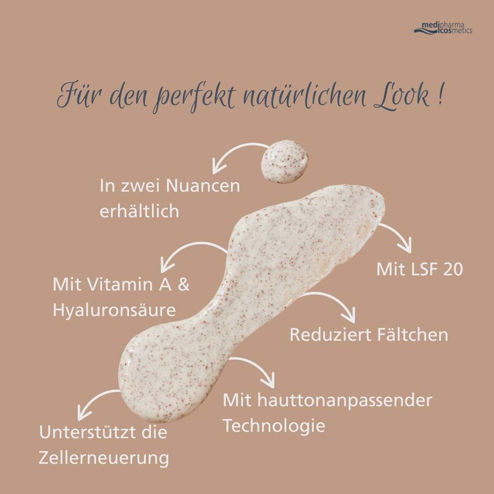 Produkt-Anwendung. Hyaluron Fluid getönt. Mit Vitamin A & Hyaluronsäure. Reduziert Fältchen. Mit LSF 20.