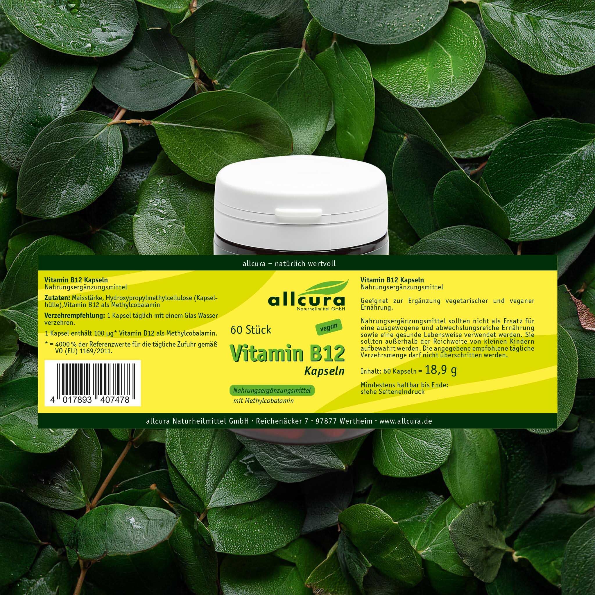 Boîte de vitamine B12 sur feuilles. Inscription : allcura Vitamine B12 Gélules. 60 pièces. Végétalien.