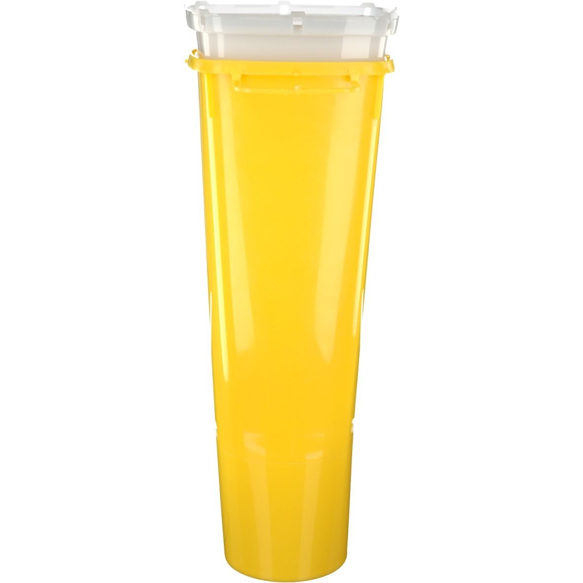 Gelber, konischer Behälter mit weißem Deckel. Der Behälter hat eine rechteckige Form und ist aus Kunststoff gefertigt.