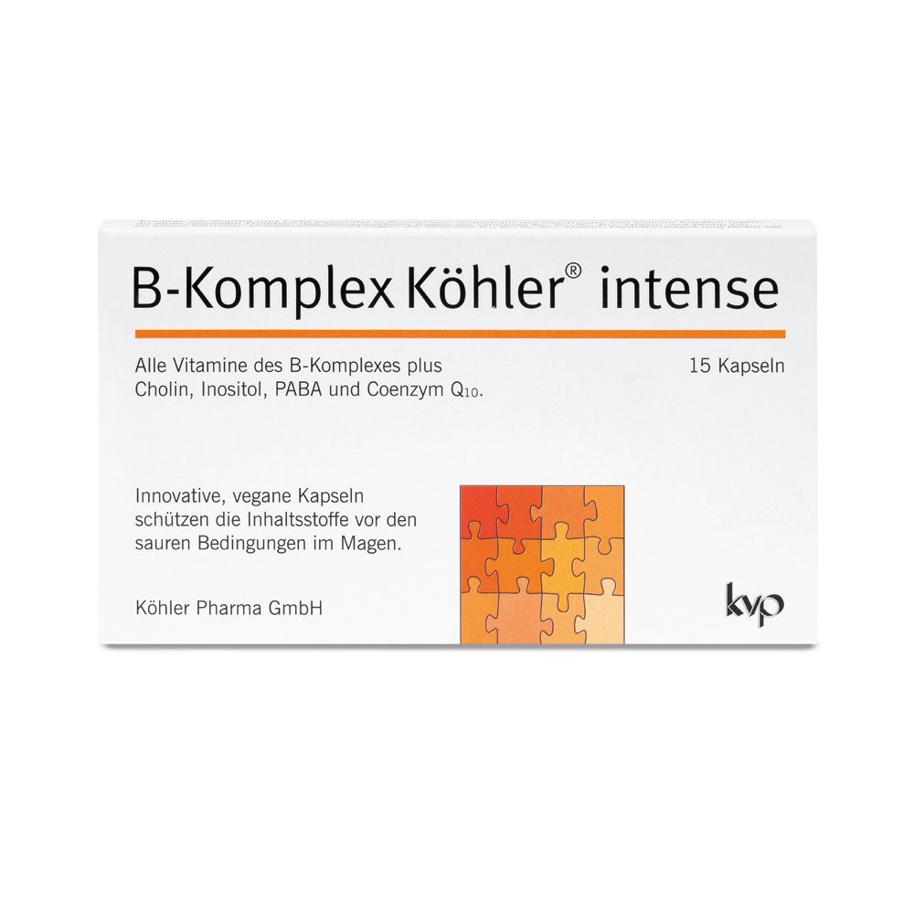 B-Komplex Köhler® intense. Boîte blanche avec informations et 15 gélules. Logo KVP.