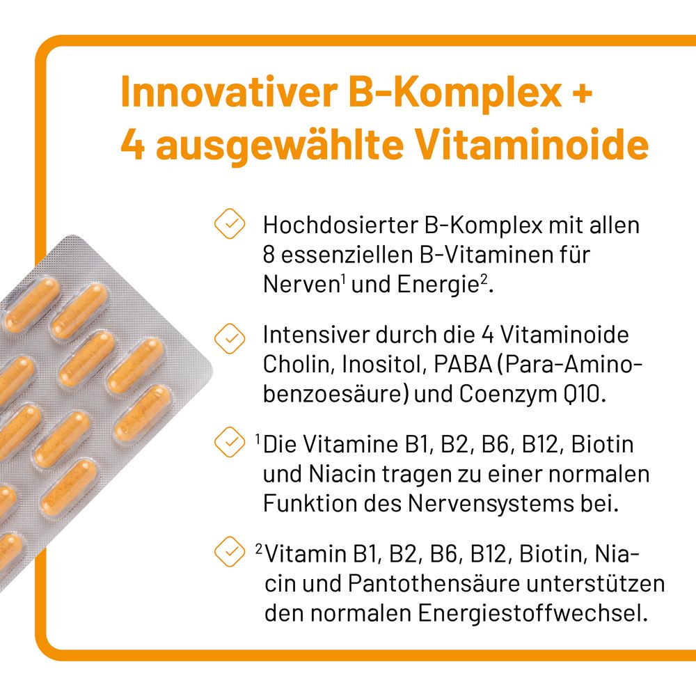 Blister de gélules jaunes. Texte: B-Komplex innovant + 4 vitaminoïdes sélectionnés. Vue détaillée.