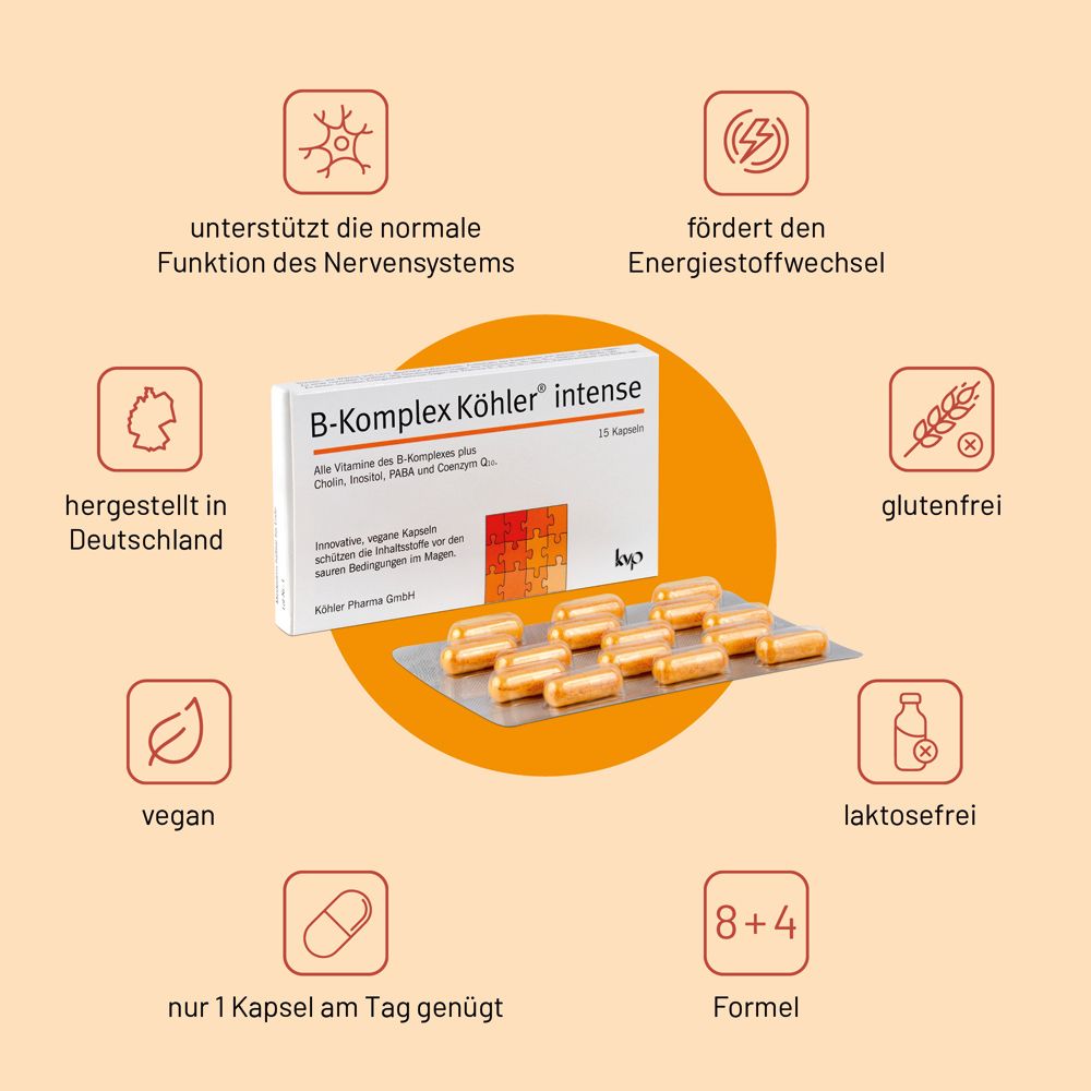 Boîte B-Komplex Köhler® intense avec icônes. Vegan, sans gluten, sans lactose, formule 8+4, fabriqué en Allemagne.
