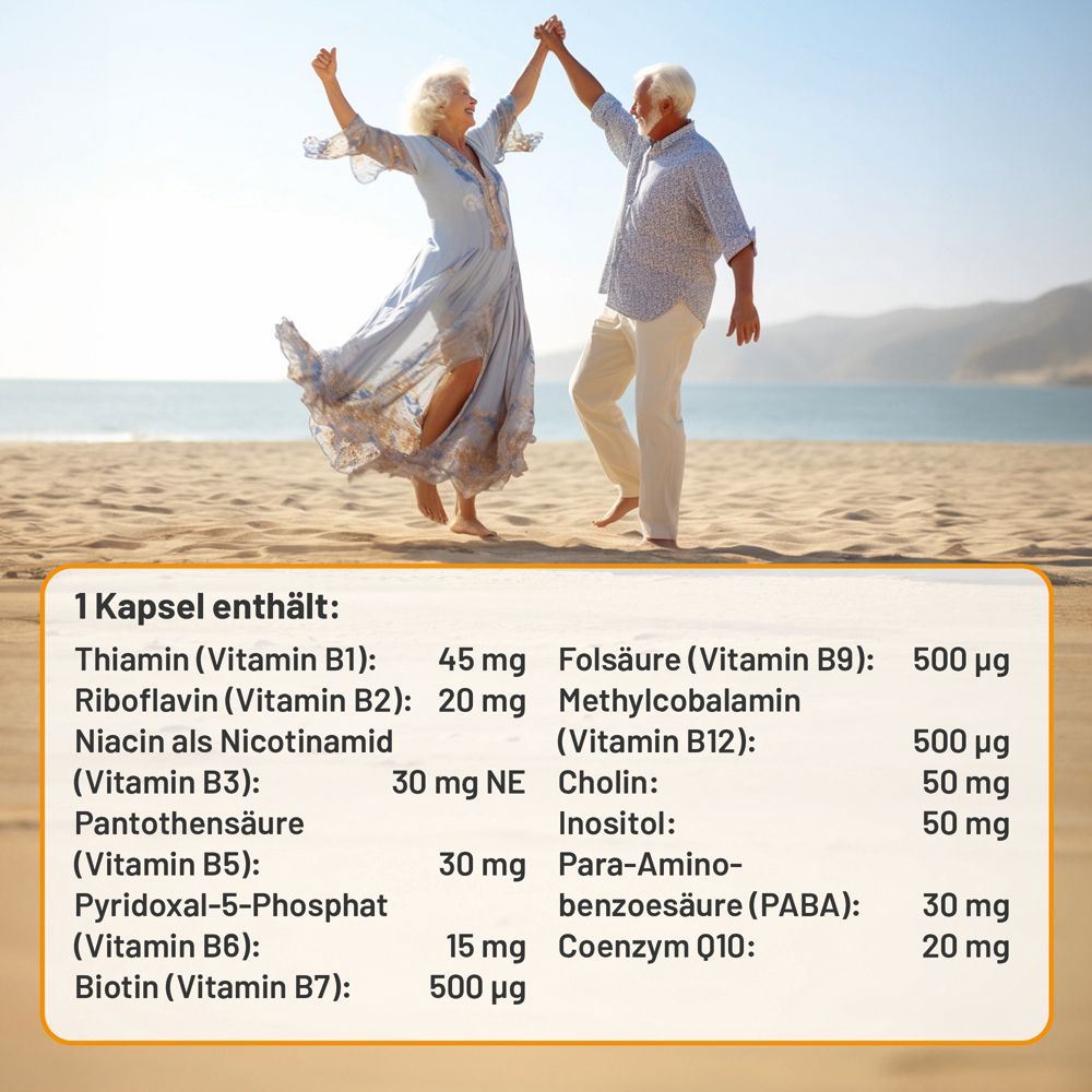 Tableau des ingrédients par gélule. Contient vitamines B1-B12, acide folique, inositol, choline, PABA, coenzyme Q10.