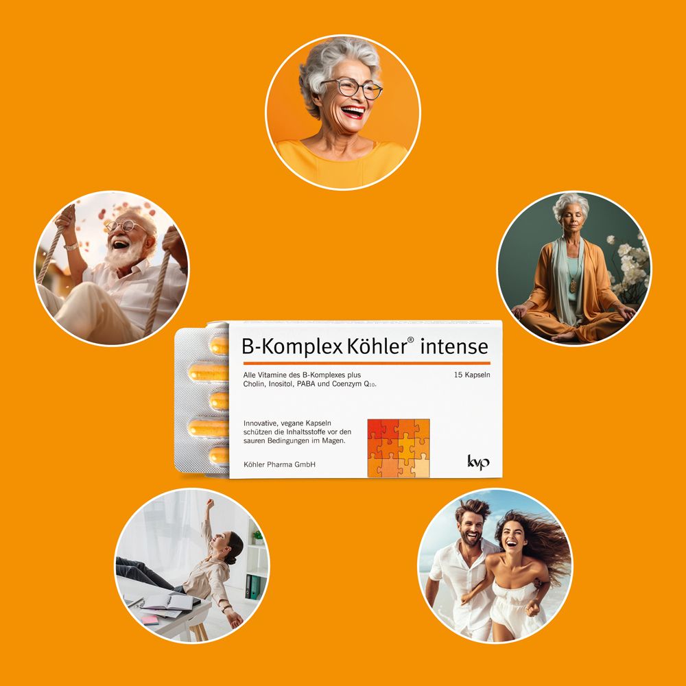 Boîte B-Komplex Köhler® intense entourée de personnes. Différents âges, visages heureux.
