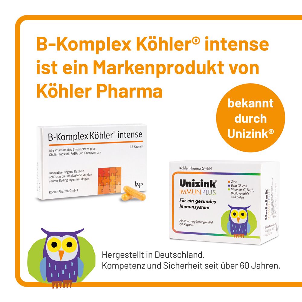 B-Komplex Köhler® intense et Unizink Immun Plus. Les deux produits de Köhler Pharma. Illustration de hibou.