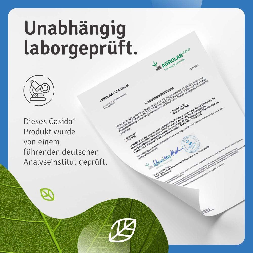 Certificat avec texte : Testé en laboratoire indépendant. Ce produit Casida® a été testé par un institut d'analyse allemand de premier plan.