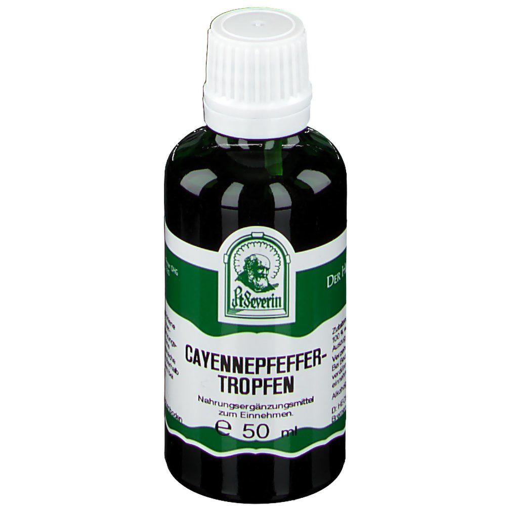 Grüne Glasflasche mit weißem Deckel. Etikett mit Logo und Text: Cayennepfeffer Tropfen. Aufschrift: Nahrungsergänzungsmittel. Volumen: 50 ml.